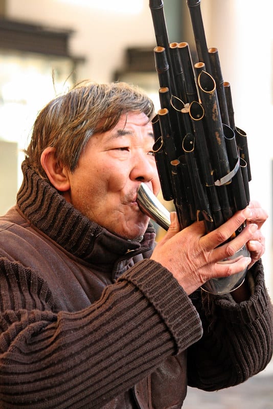 Traditional Chinese sheng mouth organ with multiple vertical pipes