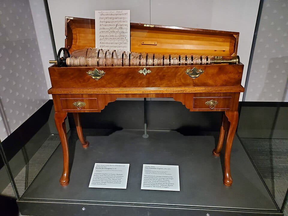 Glass armonica with tuned glass bowls mounted on a horizontal spindle