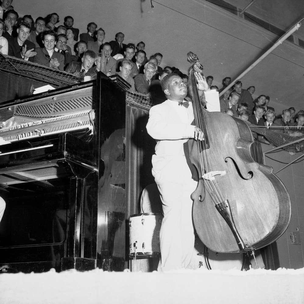 Jazz bassist performing beside a piano before a live audience