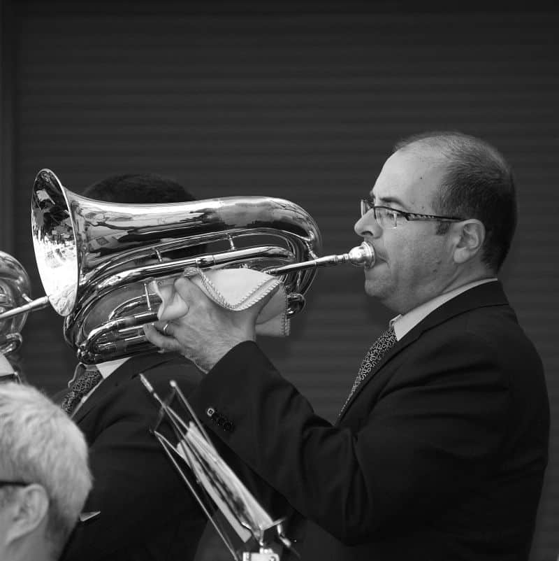 Mellophone player performing with a marching ensemble