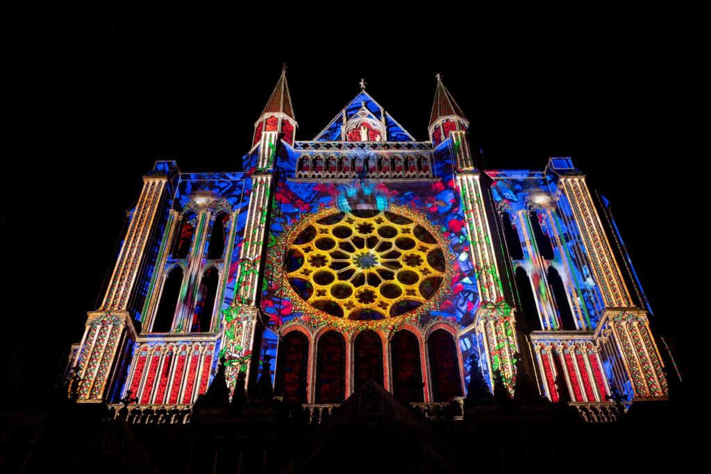 Exterior of Chartres Cathedral lit at night