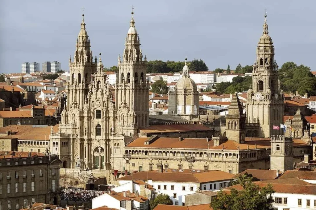 Pilgrims outside St. James Cathedral in Santiago de Compostela
