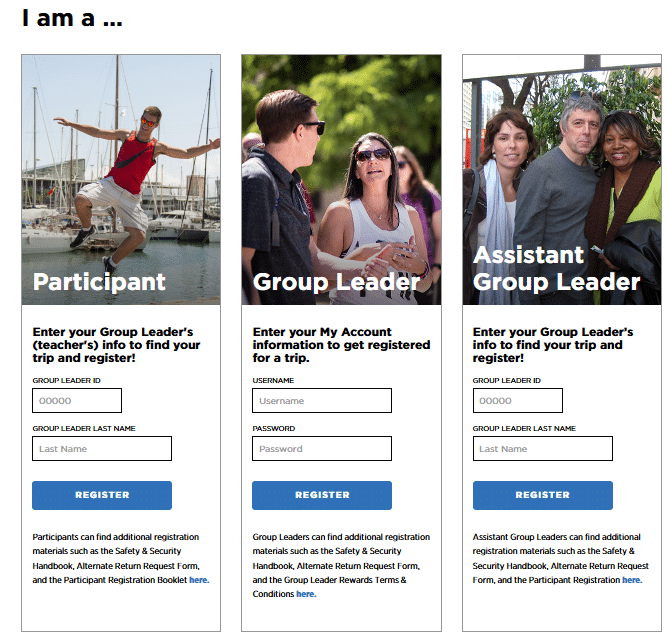 Encore Tours registration page