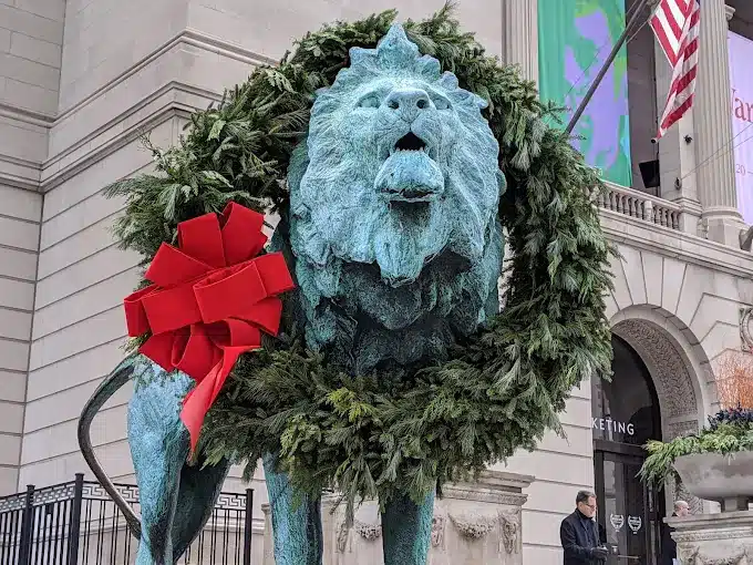 Decorated lion outside Symphony Center in Chicago